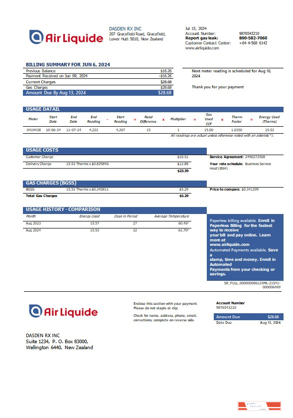 New Zealand Air Liquide gas business utility bill template in Word and PDF formats